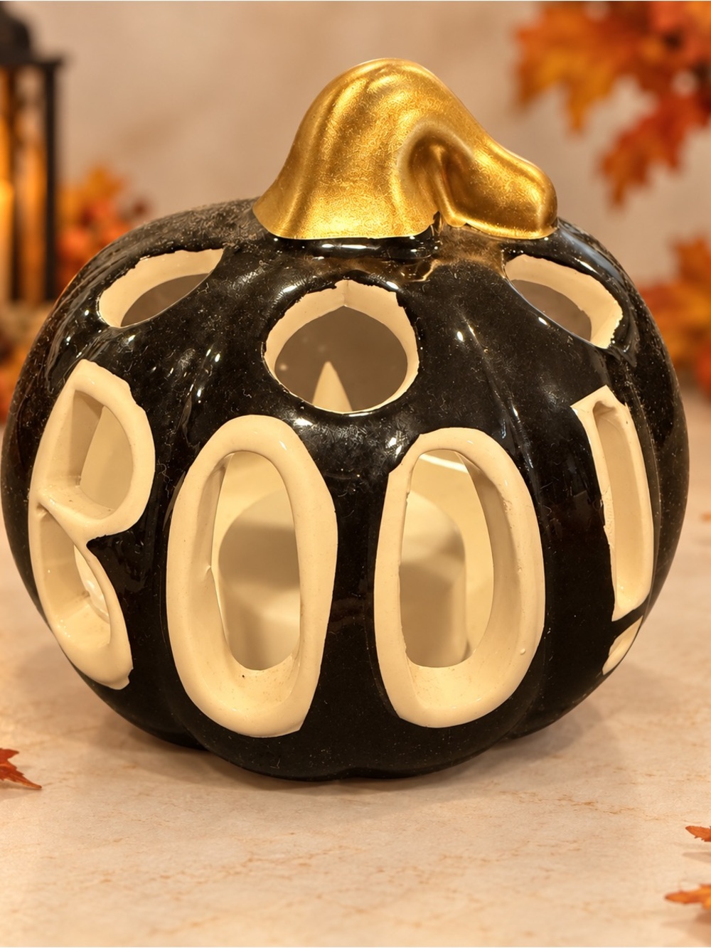 Ceramic Pumpkin Candle Lantern - Cream and Black with Gold Accent